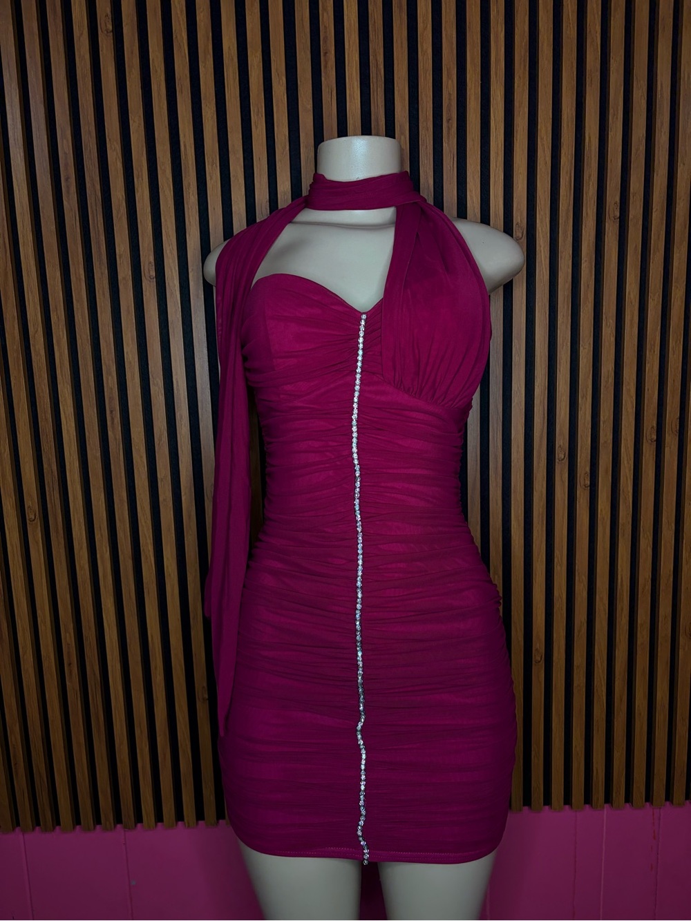 privy Fuchsia Halter Ruched Mini Dress with Rhinestone Trim